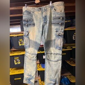 Damati Light Wash Zip & Cargo Biker Jeans 42/32